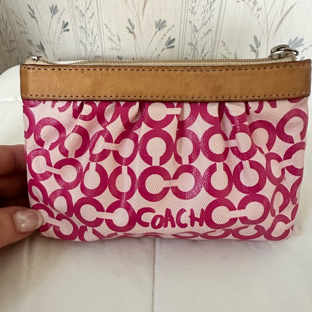 Coach Pink and Tan Signature Wristlet - Picture 2 of 9